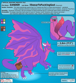 4_fingers 4_toes accessory animal_genitalia anus bag biped bipedal_feral black_text blue_background bodily_fluids claws countershading cutaway cute_fangs darkened_anus dewclaw erection exclamation_point facial_markings fangs feet feral fingers frill_(anatomy) furgonomic_piercing furgonomics genital_fluids genital_shot genital_slit genitals geometric_background green_eyes head_crest head_frill head_markings horn humor label long_snout long_tail looking_at_viewer male markings membrane_(anatomy) membranous_wings multicolored_body multicolored_wings no_sclera pawpads penis piercing pink_body precum precum_string profanity pupils purple_body red_text shovel side_view simple_background slit_pupils snout solo standing tail tail_accessory tail_bag teeth text thick_tail toes tools two_tone_body warning white_claws white_horn wide_hips wing_claws wings y_anus zand european_mythology mythology sips_n_scales zander_(zand) dragon mythological_creature mythological_scalie scalie western_dragon 2026 artist_name character_name dated digital_media_(artwork) english_text flat_colors full-length_portrait hi_res model_sheet portrait signature