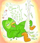 anthro blush bodily_fluids cum genital_fluids green_body kemono male mascot masturbation sex_toy solo text tongue tongue_out nakadashimashta duolingo duo_(duolingo) avian bird owl 2022 english_text japanese_text