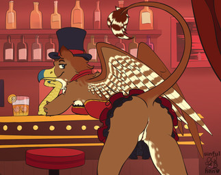 anthro anus bar bedroom_eyes blue_eyes bottle clothing container corset custom female genitals hat headgear headwear laying_against_counter lingerie looking_back narrowed_eyes seductive solo tail top_hat topwear vulva wings sinful-hen mythology avian gryphon mythological_avian mythological_creature hi_res sketch