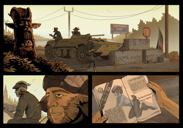 apc book bottomwear butt checkpoint clothed clothing detailed_background erotic_literature fictional_flag flag flag_(object) fur group gun hair hat headgear headwear hooves horn idol_(object) male military military_cap military_uniform military_vehicle nude power_lines ranged_weapon road road_sign tail text topwear uniform vehicle weapon cringehog european_mythology greek_mythology mythology humanoid mammal satyr comic constructed_language digital_media_(artwork) fictional_language hi_res