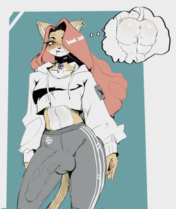 anthro anus athletic athletic_wear bell bell_collar black_bottomwear black_clothing bodily_fluids bottomwear bulge butt clothed clothing collar crop_top cum cum_drip cum_inside detailed_bulge dripping ear_piercing eyelashes genital_fluids genital_outline genitals gynomorph hair intersex kemono legwear long_hair midriff penis_outline piercing red_hair saliva saliva_on_tongue shirt simple_background solo tail thick_thighs thigh_highs thought_bubble tight_clothing tongue tongue_out topwear vulva wide_hips deusvulpes felid feline mammal absurd_res colored digital_drawing_(artwork) digital_media_(artwork) hi_res sketch