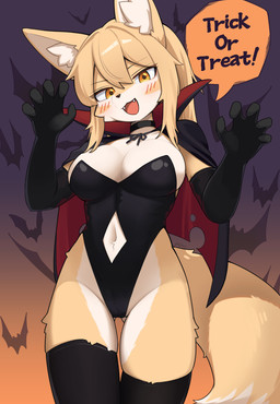 animal_ears anthro breasts cape clothing fangs female holidays legwear leotard looking_at_viewer navel pupils solo teeth thigh_gap yellow_eyes jeifier halloween rebekah bat canid canine fox mammal hi_res