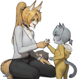 ambiguous_gender anthro barefoot biped clothed clothing duo feet female fingers fur green_eyes grey_body grey_fur grey_tail hair kneeling open_mouth open_smile orange_body orange_fur orange_tail smile tail teeth tongue white_body white_fur young kambo mihoyo zenless_zone_zero pulchra_fellini felid feline mammal thiren hi_res daughter_(lore) mother_(lore) mother_and_child_(lore) mother_and_daughter_(lore) parent_(lore) parent_and_child_(lore) parent_and_daughter_(lore)