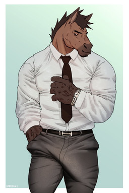 accessory anthro belt big_bulge blue_background border bottomwear bulge clock clothed clothing collared_shirt detailed_bulge dress_shirt erection erection_under_clothing front_view genital_outline hair hand_in_pocket looking_at_viewer male muscular muscular_anthro muscular_male necktie outside_border pants penis_outline pockets shirt simple_background smile smirk solo standing tight_clothing topwear vein watch white_border nomifuki horse_boss_(nomifuki) equid equine horse mammal 2021 portrait three-quarter_portrait