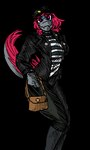 alternate_costume anthro black_clothing black_hat black_headwear black_jacket black_topwear clothing feathered_tail feathers female front_view grey_body grey_scales hat headgear headwear jacket long_tail looking_at_viewer magenta_feathers magenta_hair pink_eyes purse scales simple_background smile solo tail topwear transparent_background banco cavemanon_studios snoot_game pam_(snoot_game) dinosaur dromaeosaurid feathered_dinosaur feathered_scalie prehistoric_species reptile scalie theropod velociraptor 2025 absurd_res alpha_channel digital_drawing_(artwork) digital_media_(artwork) hi_res