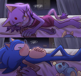 anthro barefoot bed bedroom blush breasts clothing dialogue duo eye_contact feet female furniture green_eyes hair_down hand_holding hand_on_chest hero looking_at_another male male/female nightgown nightgown_only pillow plushie princess romantic romantic_couple royalty simple_background sleepwear small_breasts speech_bubble yellow_eyes yeoon sega sonic_the_hedgehog_(series) blaze_the_cat sonic_the_hedgehog chao_(sonic) domestic_cat eulipotyphlan felid feline felis hedgehog mammal comic