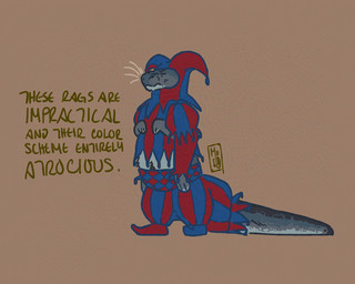 4_arms 4_eyes blue_body blue_fur body_hair clothing costume dialogue facial_markings fool's_hat fur happy_trail hat head_markings headgear headwear jester_outfit long_tail markings multi_arm multi_eye multi_limb snout snout_markings solo standing tail tail_markings whiskers muddymaggot mauvit'fur du'wehyi 5:4 hi_res nonbinary_(lore)