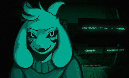 anthro black_sclera clothing dialogue facial_markings fangs fur green_monochrome head_markings head_tuft horn long_ears looking_at_viewer male markings night night_vision outside question question_mark smile solo sweater talking_to_another talking_to_viewer teeth text topwear tuft simonsquared deltarune no_i'm_not_a_human undertale undertale_(series) asriel_dreemurr asriel_dreemurr_(god_form) boss_monster_(undertale) bovid caprine goat mammal artist_name crossover english_text signature