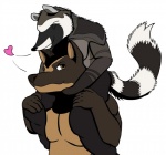 anthro carrying_another duo heart_symbol love male male/male on_shoulders pointy_ears prick_ears romantic romantic_couple simple_background smile apawcalyptic saburo_(character) vitally canid canine canis dobermann domestic_dog mammal pinscher procyonid raccoon