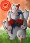 anthro blue_body blue_fur blush carrying_another duo fur outside overweight red_body red_fur tail white_body white_fur kuma_(pixiv_881259) kumadasi nintendo pokemon zangoose_day generation_3_pokemon pokemon_(species) shiny_pokemon zangoose 2010 hi_res