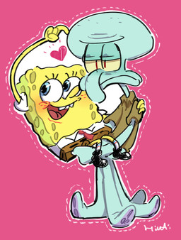 accessory anthro blue_eyes duo heart_symbol male male/male necktie open_mouth pink_background simple_background hiwai nickelodeon spongebob_squarepants spongebob_squarepants_(character) squidward_tentacles aquatic cephalopod coleoid decapodiform mollusk sea_sponge squid hi_res