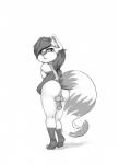 anthro balls biped butt foreskin genitals hair looking_at_viewer looking_back looking_back_at_viewer male penis ponytail presenting simple_background solo standing young young_anthro kittytitikitty miko_(slimshod) ailurid mammal red_panda absurd_res hi_res monochrome sketch