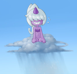 anthro blush bodily_fluids bottomless clothed clothing embarrassed female raining solo sweat young mario-grant palworld pocketpair dazzi_(pal) humanoid pal_(species) hi_res