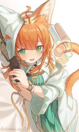 blush book clock clothed clothing dress female gloves green_eyes hair handwear hood looking_at_viewer open_mouth orange_hair solo watch cloneko_(zelmeledf2) arknights hypergryph studio_montagne papyrus_(arknights) animal_humanoid cat_humanoid felid felid_humanoid feline feline_humanoid humanoid mammal mammal_humanoid 2025 absurd_res hi_res