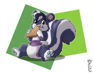 ambiguous_gender apple_pastry big_tail biped blue_pawpads brown_eyes diaper eating feral fluffy fluffy_tail food food_on_cheek glistening glistening_eyes looking_at_viewer pawpads round_ears simple_background sitting snaggle_tooth solo spread_legs spreading tail toony wetness_indicator conditional_dnp yakukitsu yaku_(yakukitsu) domestic_cat felid feline felis hybrid mammal mephitid skunk signature