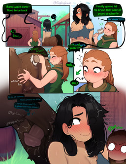 animal_genitalia animal_penis aroused balls barn becoming_erect black_hair blush breasts brush brushing brushing_fur clothed clothed_female clothed_human clothing dialogue embarrassed equine_genitalia equine_penis erection female freckled_face freckles fully_clothed fully_clothed_female fully_clothed_human fur genitals gynomorph gynomorph/female gynomorph_taur hair hair_over_eye human_on_taur intersex intersex/female intersex_taur interspecies owo penis penis_tip personal_grooming sheath social_grooming speech_bubble text unwanted_erection sydneysnack european_mythology greek_mythology mythology centaur equid equid_taur human humanoid_taur mammal mammal_taur taur absurd_res comic english_text hi_res