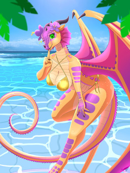 accessory anthro bikini blep breasts clawed_hands clothing eyelashes facial_horn female finger_on_tongue flower flower_in_hair frill_(anatomy) gold_bikini gold_week green_eyes hair hair_accessory hand_on_leg hand_on_thigh horn looking_at_viewer membrane_(anatomy) membranous_wings non-mammal_breasts nose_horn one_eye_closed palm_tree plant scales shore solo swimwear thick_thighs tongue tongue_out tree two-piece_swimsuit ventral_scales wide_hips wings wink blueondrive golden_week mythology wings_of_fire kinkajou_(wof) dragon mythological_creature mythological_scalie rainwing_(wof) scalie 3:4 absurd_res hi_res