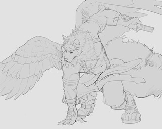 anthro armband bottomwear cheek_tuft chest_tuft claws clothed clothing facial_tuft feathered_wings feathers gloves handwear holding_object male mouth_closed muscular muscular_anthro muscular_male navel neck_tuft pants simple_background solo three-quarter_view topless tuft unsigned wings awaldkize canid mammal absurd_res full-length_portrait hi_res monochrome portrait