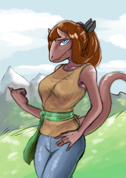 2_horns 5_fingers anthro blue_eyes blue_sky bottomwear brown_body brown_hair brown_scales clothing day denim denim_bottomwear denim_clothing female fingers glistening glistening_body glistening_scales hair horn jeans long_hair long_tail looking_at_viewer mature_anthro mature_female outside pants scales sky sleeveless_shirt smile snout solo tail sakamtosng cavemanon_studios snoot_game jane_(snoot_game) abelisaurid carnotaurus dinosaur prehistoric_species reptile saurischian scalie theropod 2025 absurd_res digital_drawing_(artwork) digital_media_(artwork) hi_res