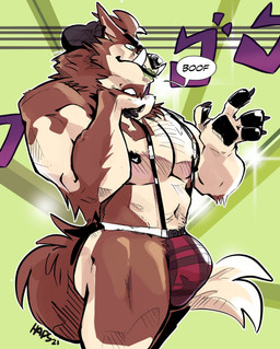 anthro barazoku beanie big_bulge big_muscles bulge claws clothing dialogue green_background hat headgear headwear male muscular muscular_anthro muscular_male navel nipples pecs simple_background solo standing suspenders tattoo text thong tusks underwear haps jojo's_bizarre_adventure menacing_(meme) mythology werethrope_laporte canid canine canis mammal mythological_canine mythological_creature werecanid werecanine werecreature werewolf wolf 2021 artist_name dated english_text hi_res japanese_text meme