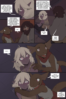 5_fingers anthro breasts brown_body brown_hair brown_scales clothed clothing dialogue dialogue_box facial_hair female fin fingers group hair humanoid_pointy_ears light_body light_skin male motion_lines pointy_ears purple_body red_eyes red_scarf scales scar scarf speech_bubble text trio white_hair arbuzbudesh nameless_(arbuzbudesh) sasha_verant_(arbuzbudesh) dark_elf elf human humanoid lizard mammal reptile scalie 2026 2:3 absurd_res colored comic english_text hi_res url