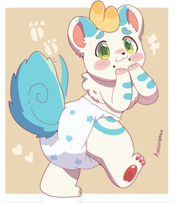 3_toes ambiguous_gender anthro big_diaper blue_body blue_ear_tips blue_fur blue_markings blue_tail blush blush_lines blush_stickers border brown_background brown_body brown_fur clean_diaper clothed clothing crumbs crumbs_on_face curled_tail diaper diaper_only dipstick_ears ear_markings feet fingerless_(marking) footprint fur hand_on_face head_horn head_turned heart_symbol horn markings multicolored_body multicolored_ears multicolored_fur pattern_diaper pawpads pink_inner_ear red_pawpads side_view simple_background smile solo tail tail_motion toeless_(marking) toes topless walking wearing_diaper white_body white_border white_fur yellow_horn coopitchu fabulous_beasts mythology tianlu_(fabulous_beasts) mythological_creature pixiu 2024 full-length_portrait hi_res portrait signature