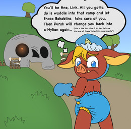 after_transformation blonde_hair blue_eyes bone bonnet clothing diaper dirt_path exposed_diaper fangs floppy_ears grass hair handwear headgear headwear hillside horn male mittens nervous pig_ears pig_nose plant skull solo teeth text thought_bubble torch tree wooden_platform h0wdyther3 nintendo the_legend_of_zelda link blin_(tloz) bokoblin orc english_text hi_res