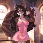 anthro bent_arm brown_body brown_eyes brown_fur clothed clothing dress female fur hair pink_clothing seductive solo standing striped_body striped_fur stripes tight_clothing purrynx felid feline mammal tagme