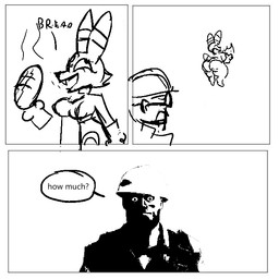 anthro armor bread breasts dialogue duo female food hard_hat headgear helmet male smile text wide_eyed how_hungry... nintendo pokemon team_fortress_2 valve engineer_(team_fortress_2) eeveelution generation_2_pokemon human mammal pokemon_(species) umbreon 1:1 black_and_white comic english_text meme monochrome