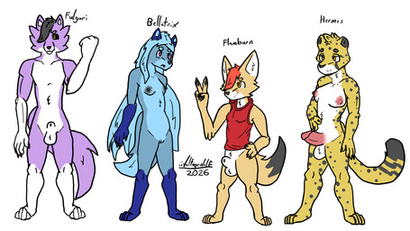 4_fingers 4_toes animal_genitalia anthro athletic athletic_anthro athletic_gynomorph athletic_intersex athletic_male balls belly belly_tuft black_hair black_inner_ear black_nipples black_sclera blue_body blue_hair blue_inner_ear blush breasts countershading dipstick_tail feet female female_anthro fingers fur genitals gesture gloves_(marking) group gynomorph gynomorph_anthro hair half-closed_eyes hand_gesture hand_on_hip head_tuft humanoid_genitalia humanoid_penis inner_ear_fluff intersex intersex_anthro long_hair looking_at_viewer male male_anthro markings medium_breasts narrowed_eyes nipples open_mouth orange_hair penis pink_nipples purple_body purple_eyes sheath short_male simple_background sleeveless_hoodie small_breasts spots spotted_markings tail tail_markings tan_body toes tuft v_sign vulva white_background white_belly white_inner_ear yellow_body yellow_eyes iivoltagewolf fulgari_(iivoltagewolf) canid canine canis cheetah felid feline fennec_fox fox mammal true_fox wolf 16:9 2026 digital_media_(artwork) signature widescreen