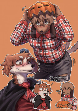 anthro blush bottomwear brown_body brown_fur cape clothed clothing costume dialogue duo food fruit fur halloween_costume headgear headwear holding_object holidays jack-o'-lantern male male/male open_mouth pants plant pumpkin shirt simple_background smile tail teeth text topwear nyeong halloween smell_(mucknagabe) joseph_(mucknagabe) noi_(mucknagabe) bloodhound border_collie canid canine canis collie domestic_dog herding_dog hunting_dog mammal pastoral_dog scent_hound sheepdog digital_media_(artwork) english_text hi_res