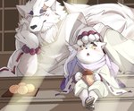 anthro bracket canid canine duo eating eating_food food fox fur gingitsune gintaro hand_on_head haru_(gingitsune) male mammal overweight overweight_anthro overweight_male sitting takoyaki white_body white_fur yed young young_anthro
