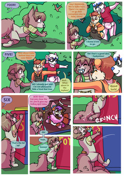 anthro clothing dialogue diaper eyewear female glasses group male pacifier plant shirt shrub speech_bubble tail text toddler topwear young babystar gemma_polson canid canine fox mammal rodent sciurid tree_squirrel comic english_text hi_res