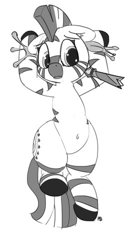bdsm bondage bound female feral floppy_ears hooves melee_weapon mohawk navel polearm simple_background solo spear striped_body stripes weapon white_background white_body wide_hips pabbley friendship_is_magic hasbro my_little_pony zecora_(mlp) equid equine mammal zebra 2016 hi_res monochrome
