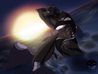 abs anthro backlighting beach biceps bikini bottomwear clothed clothing female green_eyes light markings muscular muscular_anthro muscular_female outside rock sea seaside skirt smile solo sunset swimwear tail tail_over_skirt two-piece_swimsuit water white_markings noiz shareena aquatic fish shark 4:3 hi_res lighting