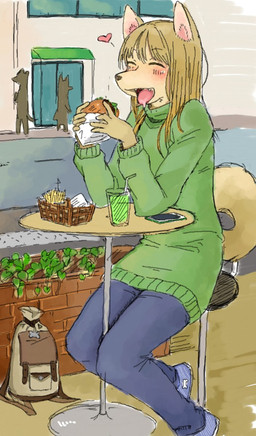 anthro backpack biped bottomwear brown_hair burger clothing denim denim_bottomwear denim_clothing ear_piercing eyes_closed fangs female food footwear fries fur hair heart_symbol jeans long_hair open_mouth pants piercing public shoes solo sweater tan_body tan_fur teeth tongue topwear toco_(artist) canid canine canis domestic_dog mammal digital_media_(artwork) hi_res