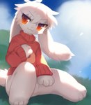 4_fingers 4_toes :3 >:3 ambiguous_gender anthro big_ears biped bottomless bottomless_anthro clothed clothing cloud day detailed_background featureless_crotch feet fingers floppy_ears front_view fur grass hair kemono long_ears looking_at_viewer lop_ears monotone_body monotone_fur monotone_hair monotone_tail orange_eyes outside paws plant pupils red_clothing red_pupils red_sweater red_topwear scut_tail short_hair short_tail sitting sky solo sweater tail toes topwear white_body white_ears white_fur white_hair white_tail nagasaki_wonderful_polyester cave_story ransley_(internetmimiga) lagomorph leporid mammal mimiga rabbit 2023 colored digital_media_(artwork) digital_painting_(artwork) full-length_portrait portrait shaded signature