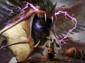 bellstriker claws duo electricity fangs feathered_wings feathers feral intimidation male membrane_(anatomy) membranous_wings size_difference teeth wings jason_rainville hasbro magic:_the_gathering mythology wizards_of_the_coast kolaghan zurgo dragon humanoid mythological_creature mythological_scalie orc scalie official_art