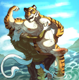 anthro armpit_hair armpit_musk armpit_sniffing armpit_tuft armpit_worship balls beach belly bodily_fluids body_hair body_worship butt chest_hair day detailed_background dripping duo erection eye_scar facial_scar flexing flexing_bicep foreskin genital_fluids genitals humanoid_genitalia humanoid_penis island leaking_precum male musclegut muscular musk musky_balls musky_penis nude outside overweight overweight_anthro partially_retracted_foreskin pec_grab pecs penis precum precum_drip pubes scar skinny_dipping sniffing summer tail wet wet_body grungotharts epic_games fortnite oscar_(fortnite) felid mammal pantherine sergal tiger 2025 hi_res watermark