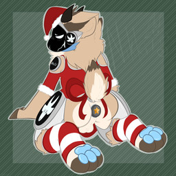 accessory anal anal_penetration anthro balls blush bodily_fluids bow_(feature) bow_accessory bow_ribbon butt buttplug buttplug_in_ass buttplug_insertion christmas_clothing christmas_headwear clothed clothing collar dress drooling furgonomics genitals hat headgear headwear holidays horn leg_warmers legwear looking_at_viewer looking_back machine male object_in_ass partially_clothed pawpads penetration plug_(sex_toy) plug_insertion presenting presenting_hindquarters ribbons saliva santa_hat sex_toy sex_toy_in_ass sex_toy_insertion short_tail solo tail tail_accessory tail_bow tail_ribbon uwu nikkikitti christmas bovid caprine goat mammal protogen 1:1 absurd_res hi_res watermark