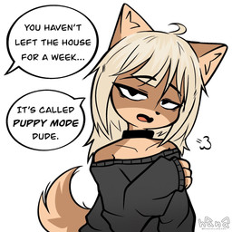 anthro blonde_hair clothed clothing collar female flat_chested hair offscreen_character simple_background solo speech_bubble text white_background dogfailureowo hana_(dogfailureowo) canid canine canis domestic_dog mammal 1:1 english_text
