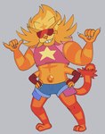 4_arms alternate_species bottomwear clothing eyewear fur gem multi_arm multi_limb orange_body orange_fur pink_clothing pink_shirt pink_topwear shirt shorts solo sunglasses topwear itoruna cartoon_network nintendo pokemon steven_universe sunstone_(steven_universe) alien alien_humanoid gem_(species) gem_fusion generation_7_pokemon humanoid incineroar pokemon_(species) 2019 crossover digital_media_(artwork) hi_res