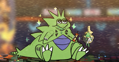 apple beverage food fruit green_body humor leftovers overweight plant relaxing sand slightly_chubby sparkles tea blitzdrachin conditional_dnp nintendo pokemon pokemon_champions_(game) dinosaur generation_2_pokemon generation_9_pokemon monster pokemon_(species) prehistoric_species reptile scalie sinistcha tyranitar hi_res meme watermark