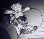 anthro barefoot claws clothed clothing duo feet female furniture hand_on_head holding_tail male pawpads scared sitting size_difference sofa tail tail_hug toe_claws rockbottomfeeder disney zootopia judy_hopps nick_wilde canid canine fox lagomorph leporid mammal rabbit red_fox true_fox 2016 greyscale monochrome