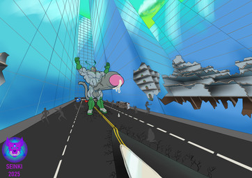 anthro big_muscles big_penis bodily_fluids car city cracked_ground cum cum_pool destruction genital_fluids genitals huge_muscles huge_penis hyper hyper_genitalia hyper_penis male muscular muscular_male penis vehicle seinki alien domestic_cat felid feline felis mammal absurd_res hi_res