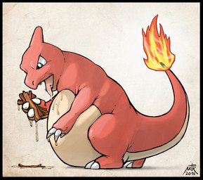 ambiguous_gender bacon belly big_belly black_border bodily_fluids border claws feral fire food grease meat obese obese_ambiguous obese_feral open_mouth overweight overweight_ambiguous overweight_feral saliva simple_background solo tail thick_thighs toe_claws tongue weight_gain white_background mentalraven mythology nintendo pokemon charmeleon dragon generation_1_pokemon mythological_creature mythological_scalie pokemon_(species) scalie