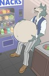 5_fingers anthro belly beverage beverage_can big_belly bloated blue_clothing blue_topwear blue_vest bubble chips_(food) cinnamon_bun clothing collared_shirt dress_shirt fingers food fur grey_body grey_fur hand_on_belly holding_stomach inside leaning_on_wall lidded_eyes male motion_lines navel open_mouth overweight overweight_anthro overweight_male pastry pink_tongue shirt soda soda_bottle solo tan_body tan_fur teeth text tongue topwear trash_can vending_machine vest white_clothing white_shirt white_topwear eggo21 beastars legoshi_(beastars) canid canine canis mammal wolf 2023 absurd_res english_text hi_res