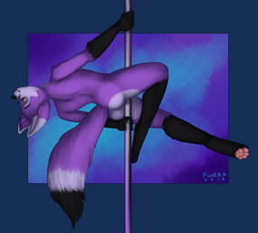 ambiguous_gender anthro between_legs black_body black_fur butt clothing dancing eyes_closed feet fluffy fluffy_tail fur hindpaw legwear paws pole pole_between_legs pole_dancing purple_body purple_fur rear_view smile solo tail flurra floopysnow canid canine fennec_fox fox mammal true_fox alpha_channel hi_res