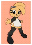 4_fingers anthro black_clothing black_eyes black_eyewear black_footwear black_jacket black_legwear black_shoes black_sunglasses black_thigh_highs black_topwear border buckteeth clothed clothed_anthro clothed_female clothing dotted_background dress drop_shadow eyelashes eyewear eyewear_on_head female female_anthro fingers footwear fur glistening glistening_eyes jacket legwear looking_at_viewer open_clothing open_jacket open_mouth open_smile open_topwear pattern_background pink_background pink_tongue scut_tail short_tail simple_background smile solo standing sunglasses sunglasses_on_head tail teeth thigh_highs tongue topwear white_border white_clothing white_dress yellow_body yellow_fur yellow_tail conditional_dnp gaturo bonita_(gaturo) lagomorph leporid mammal rabbit 2022 digital_media_(artwork) hi_res