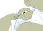 anthro belly black_nose blush bodily_fluids clothed clothing clothing_lift humanoid_hands kemono lying male moobs nipples overweight overweight_male shirt shirt_lift solo sweat topwear sessa bear mammal 2023